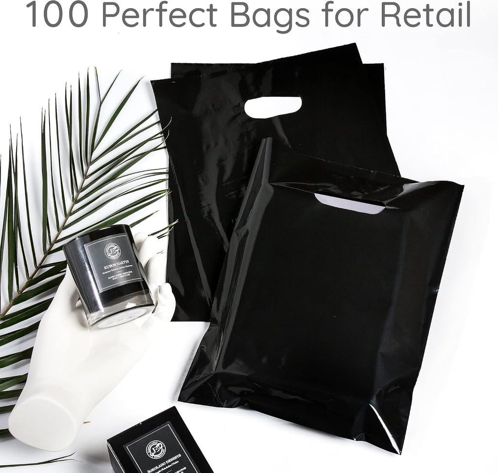 100 Black Plastic Bags With Handles 9x12 Merchandise Bags