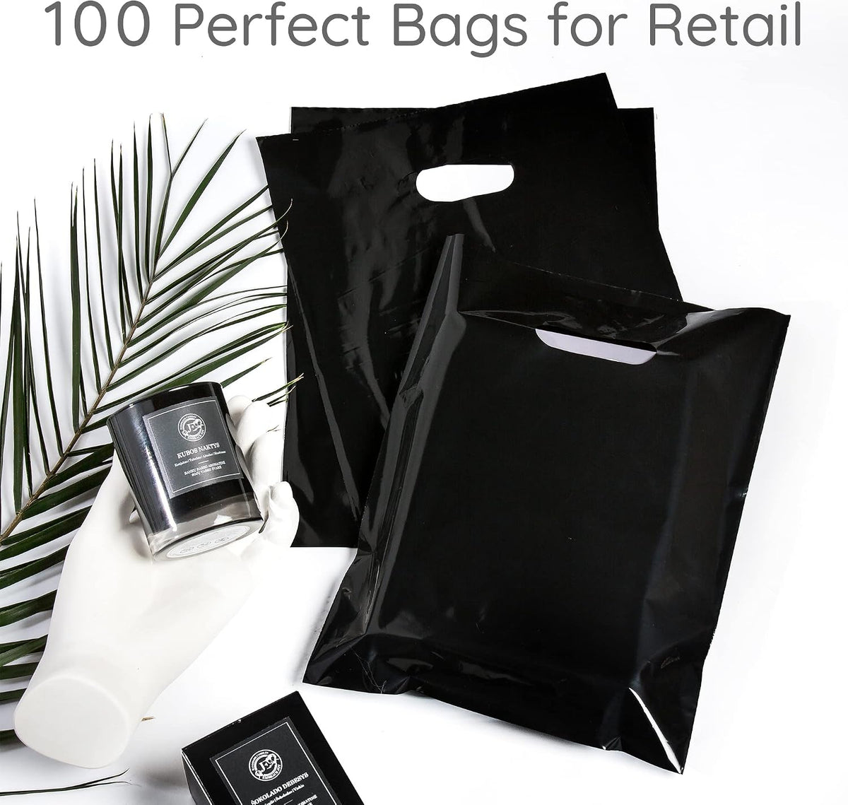 100 Black Plastic Bags With Handles 9x12 Merchandise Bags