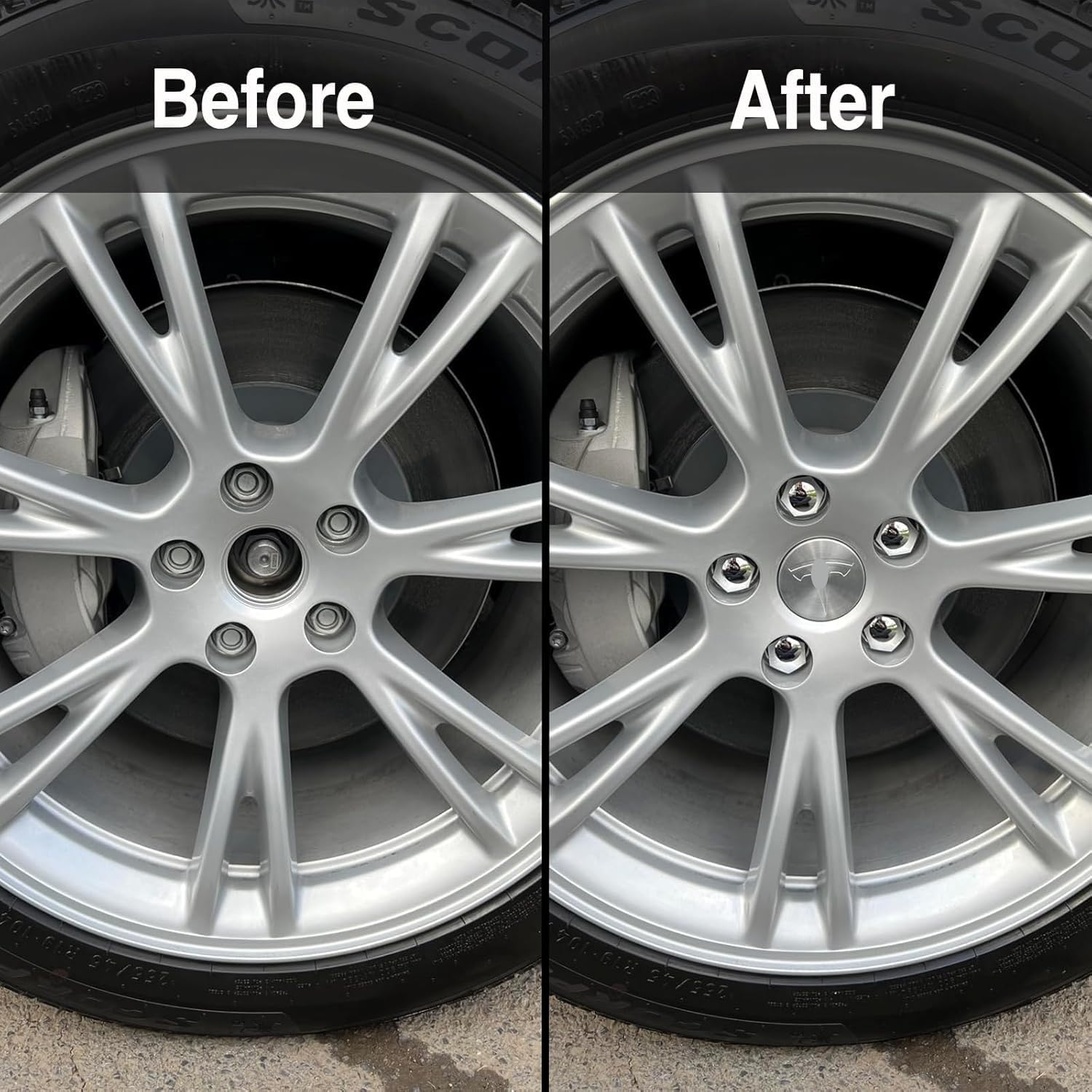 Silver Wheel Center Hub Caps with Tesla Emble Brand Center Caps for 2019-2024 Model Y with 20 Silver Lug Nut Covers