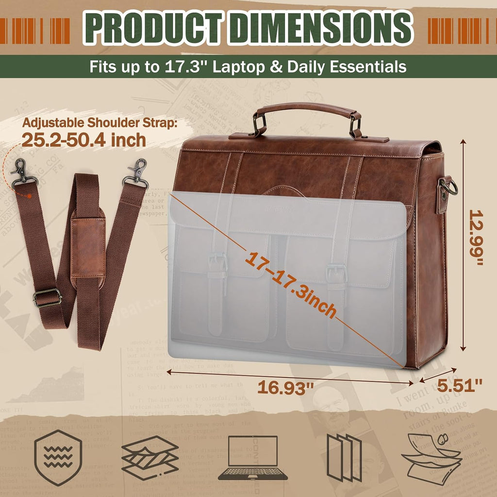 Mens Messenger Bag 17 Inch Vintage Leather Laptop Briefcase Magnetic Closure Large Satchel Computer Shoulder Bag