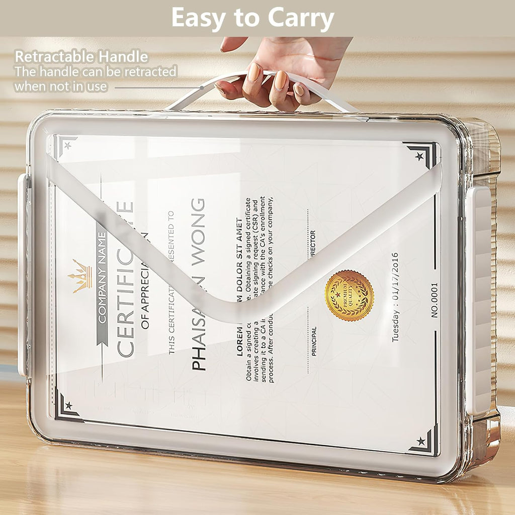 Clear File Storage Box Portable Project Case with Handle Plastic Storage Container with Lid Stackable Flat Storage