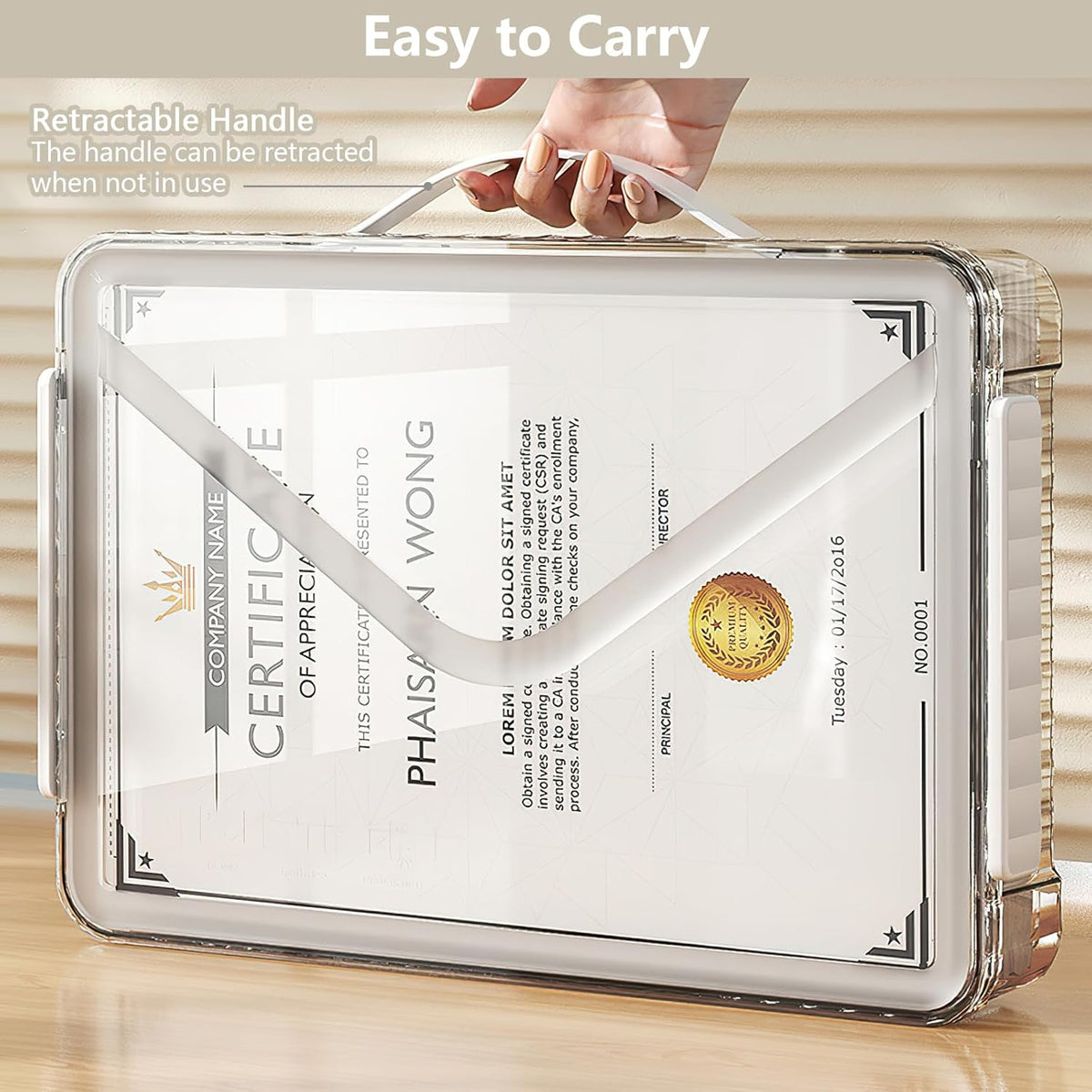 Clear File Storage Box Portable Project Case with Handle Plastic Storage Container with Lid Stackable Flat Storage