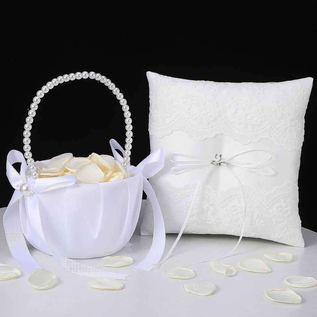 Wedding Flower Girl Basket and Ring Bearer Pillow Set 200 Ivory Rose Petal