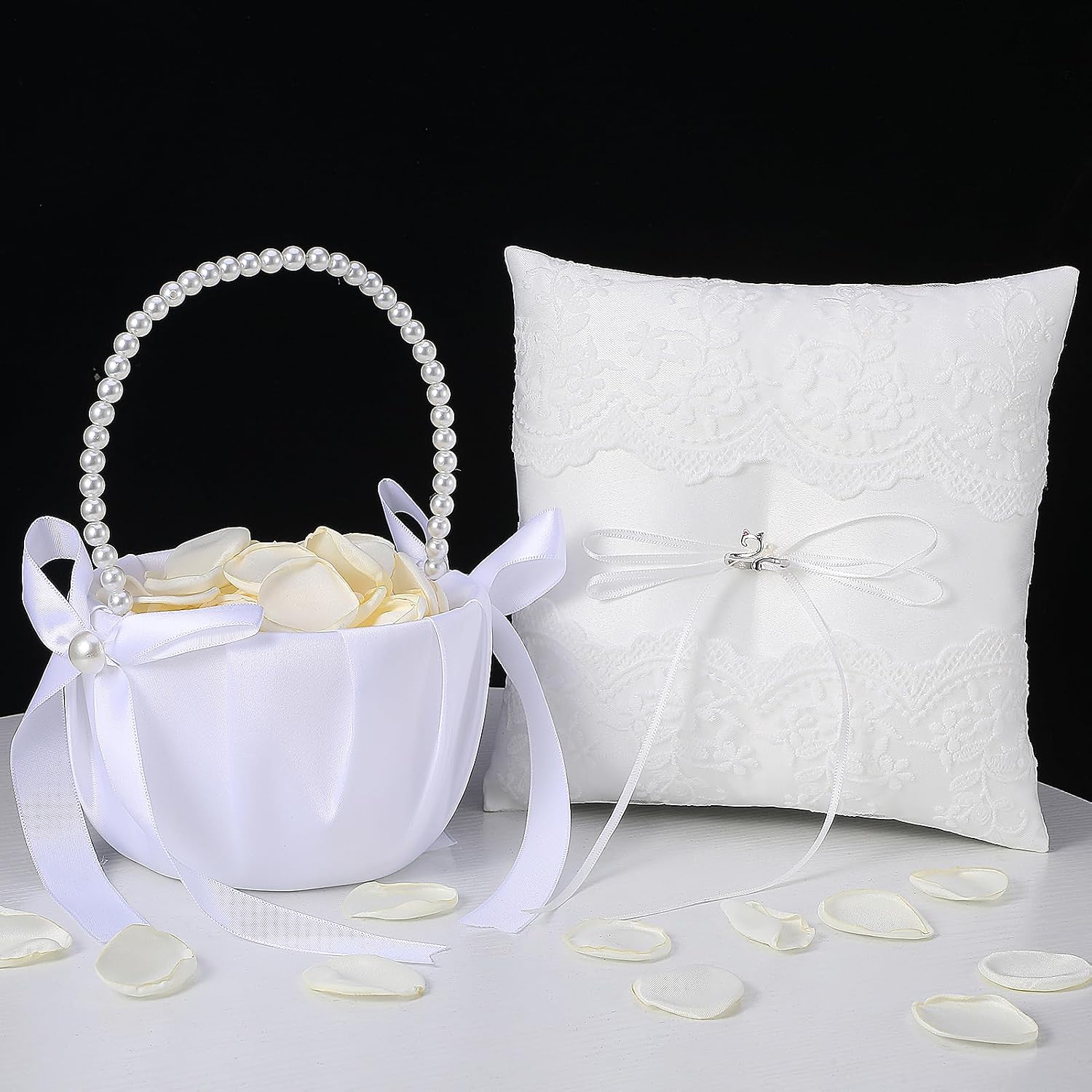 Wedding Flower Girl Basket and Ring Bearer Pillow Set 200 Ivory Rose Petal
