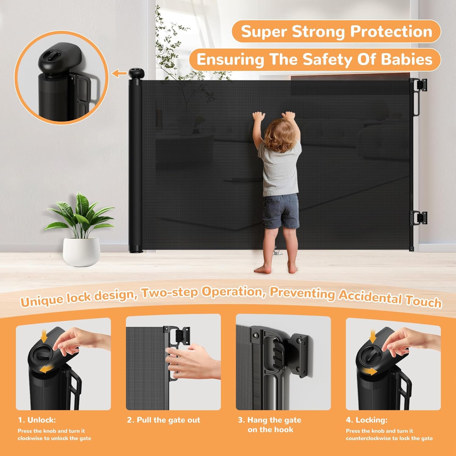 Retractable Baby Gate for Stairs & Doorways, 34" Tall Extends to 55" Wide, Mesh Baby & Pet Gate with Anti-Crawling