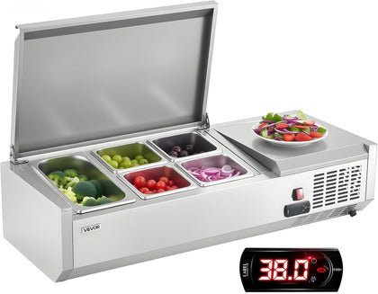 Refrigerated Condiment Prep Station, 120 W Countertop Refrigerated Condiment Station, with One 1/3 Pan & Four 1/6