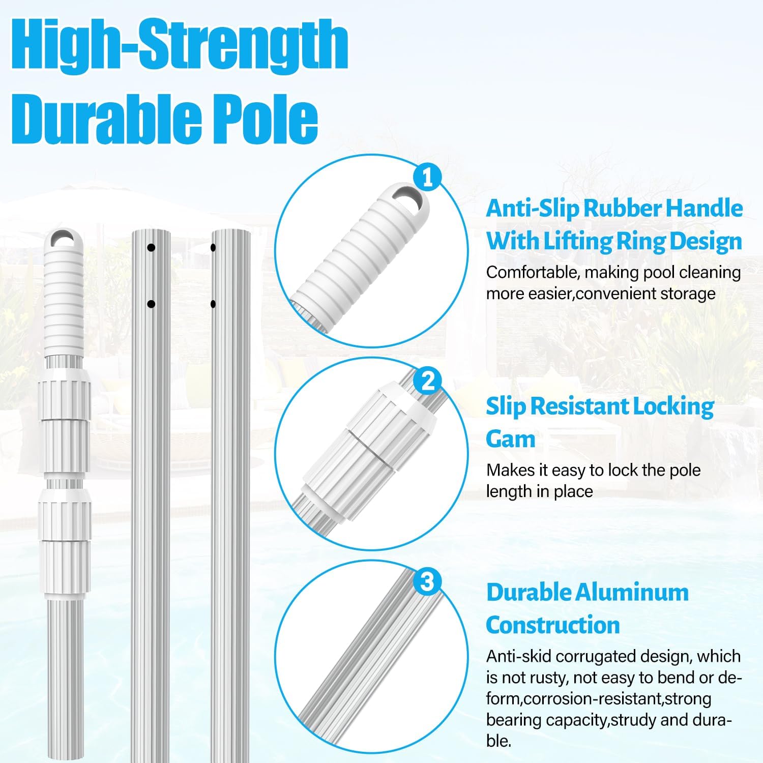 Professional 15 Foot Swimming Pool Pole Telescopic Aluminum Fits Pool Net Skimmer Rake Vacuum Head Brush Cleaning