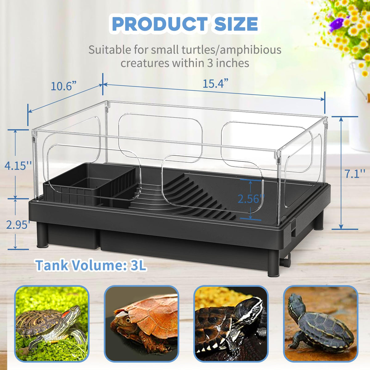 Small Turtle Tank Kit, Acrylic Turtle Tank Starter Kit with Basking Platform, Bottom Drainage, Multi-Function Areas