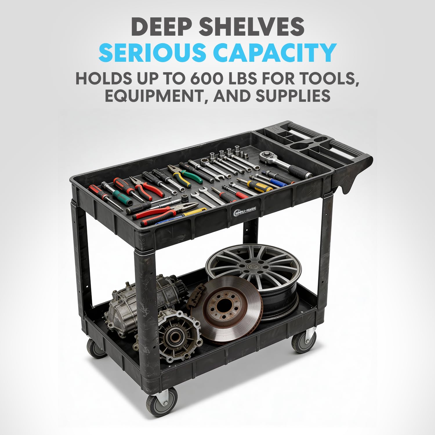 Simpli-Magic Rolling Utility Cart on Wheels, Heavy Duty with Ergonomic Handle, Deep Shelfs for Garage, Warehouse