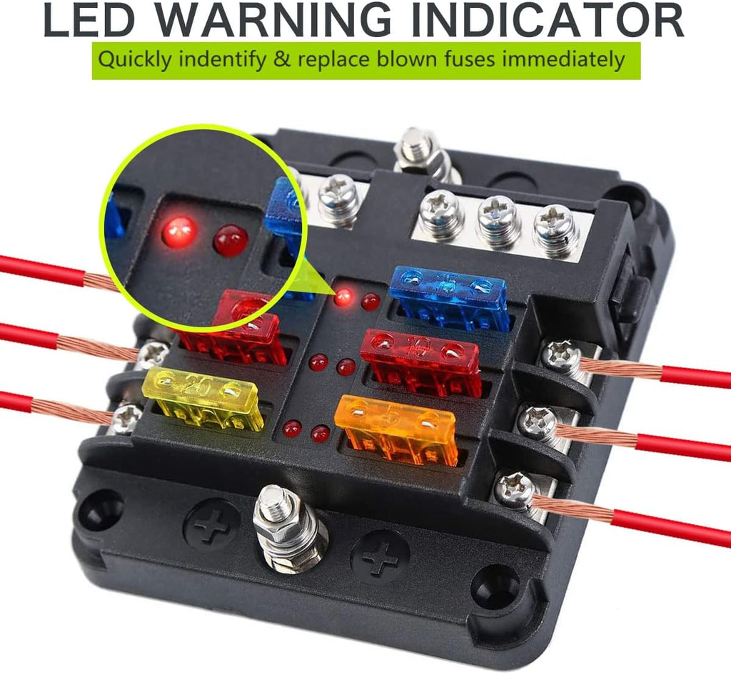 12 Volt Fuse Block, Waterproof 6 Way Fuse Box with 6 Ground Negative Busbar for Automotive[100 Amp Max] [LED
