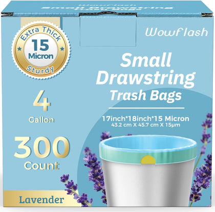 300 Count 15 Micron Extra Thick 4 Gallon Drawstring Small Trash Bags, Sturdy & Tear-Resistant Small Garbage Bags for