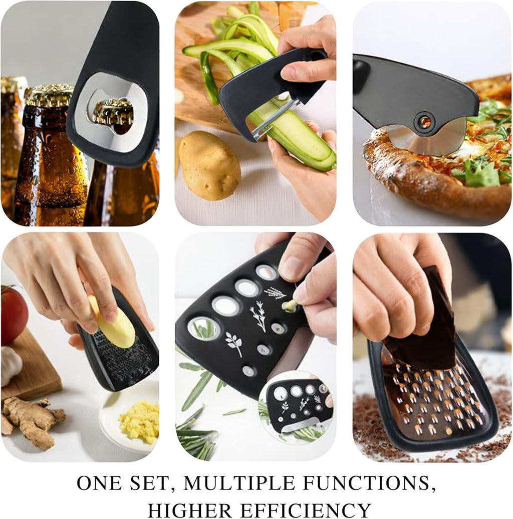 6-Piece Unique Kitchen Gadget Set in Black, Stackable Space-Saving Tools Including Grater, Peeler, Pizza Cutter, and