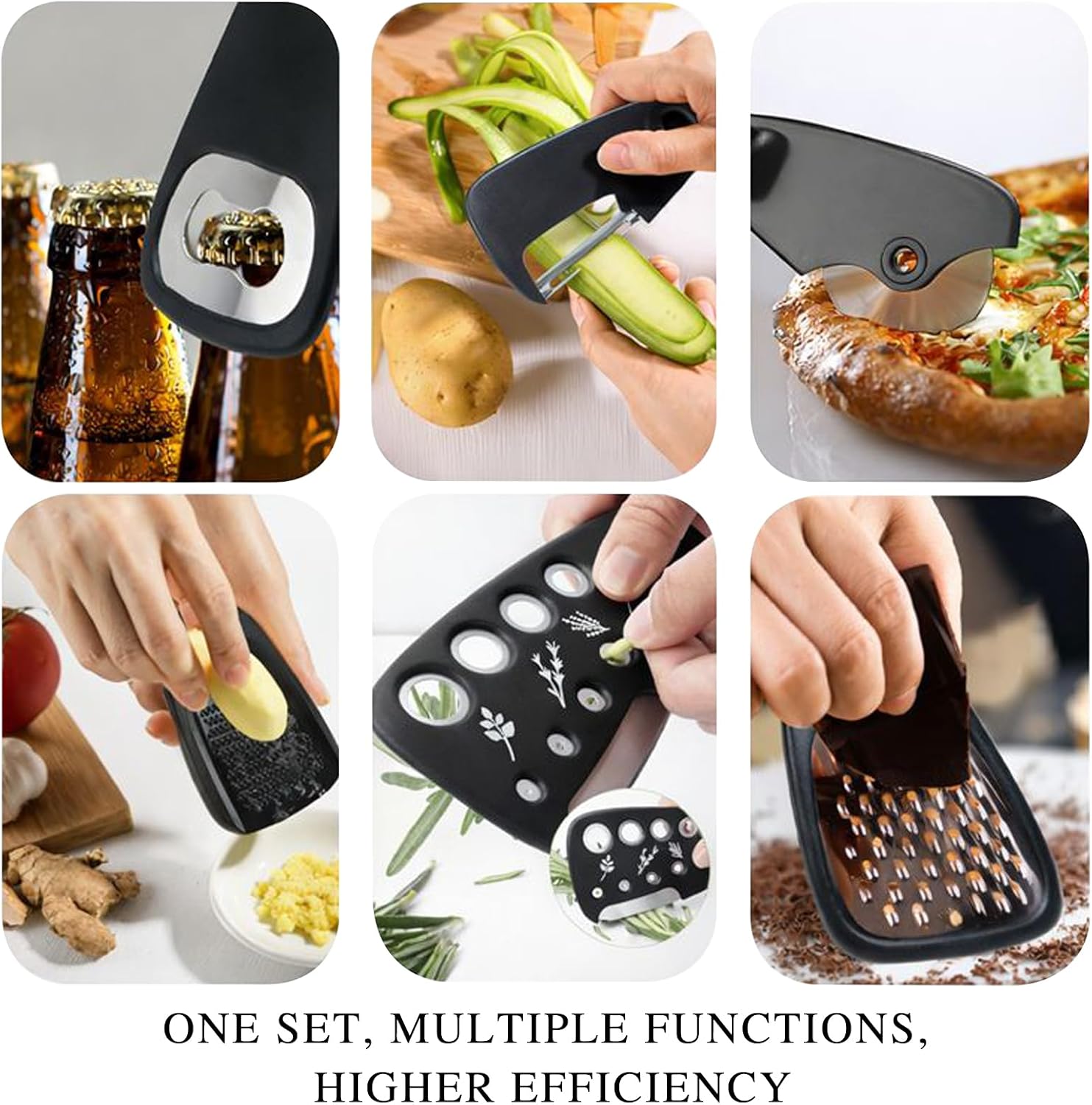 6-Piece Unique Kitchen Gadget Set in Black, Stackable Space-Saving Tools Including Grater, Peeler, Pizza Cutter, and