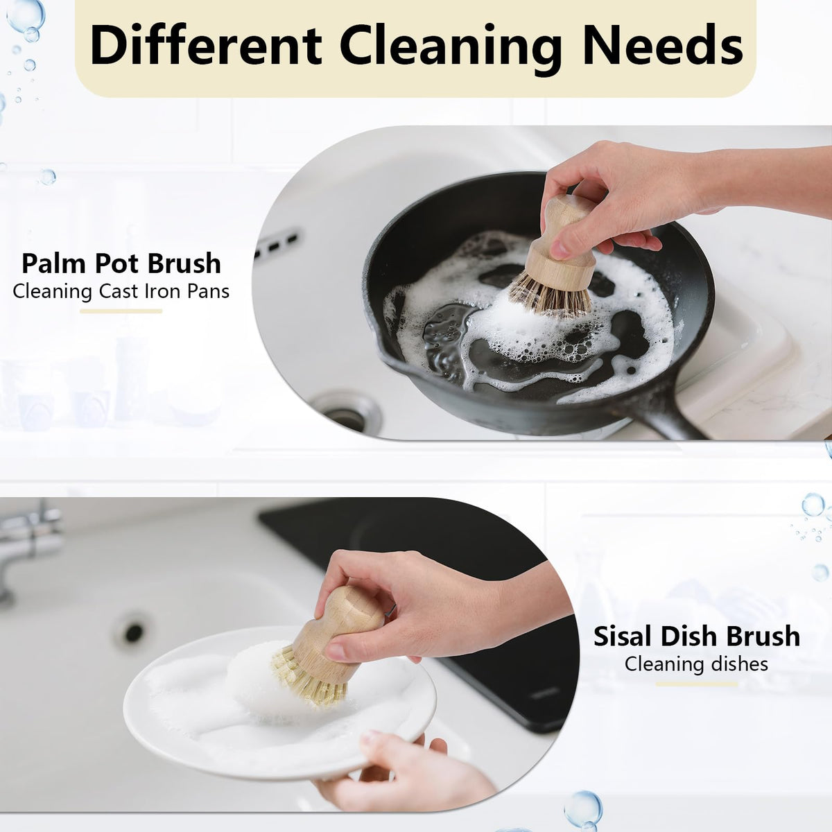 5 Pack Bamboo Dish Brush Set with 14’’ Bottle Brush