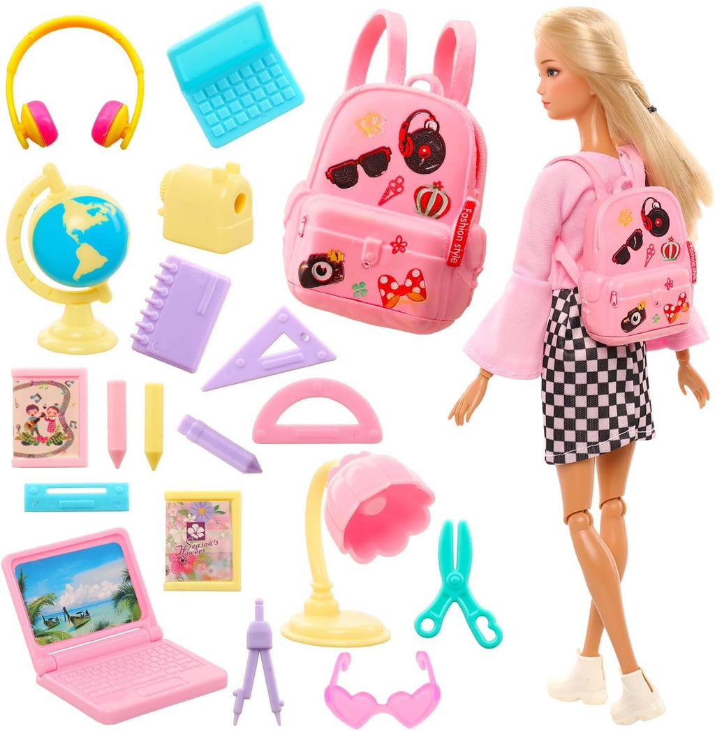 19 Pcs Girl Doll School Accessories Backpack Mini Desk Lamp Laptop Mini Globe Glasses and Headset for 11.5 Inch Doll