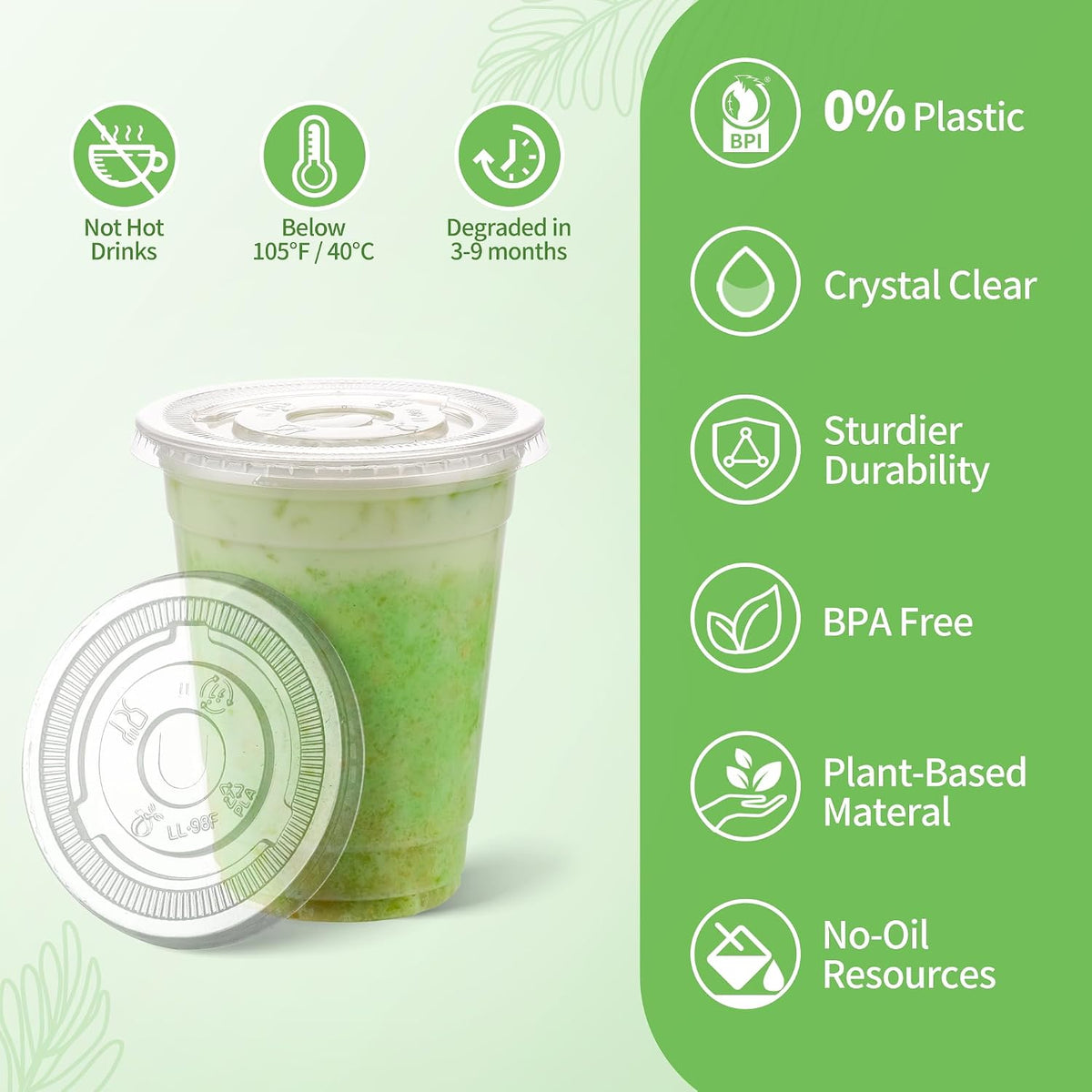 PLA 20 OZ Compostable Clear Plastic Disposable Iced Coffee Cups with Flat Lids, Biodegradable Cold Drinking To Go