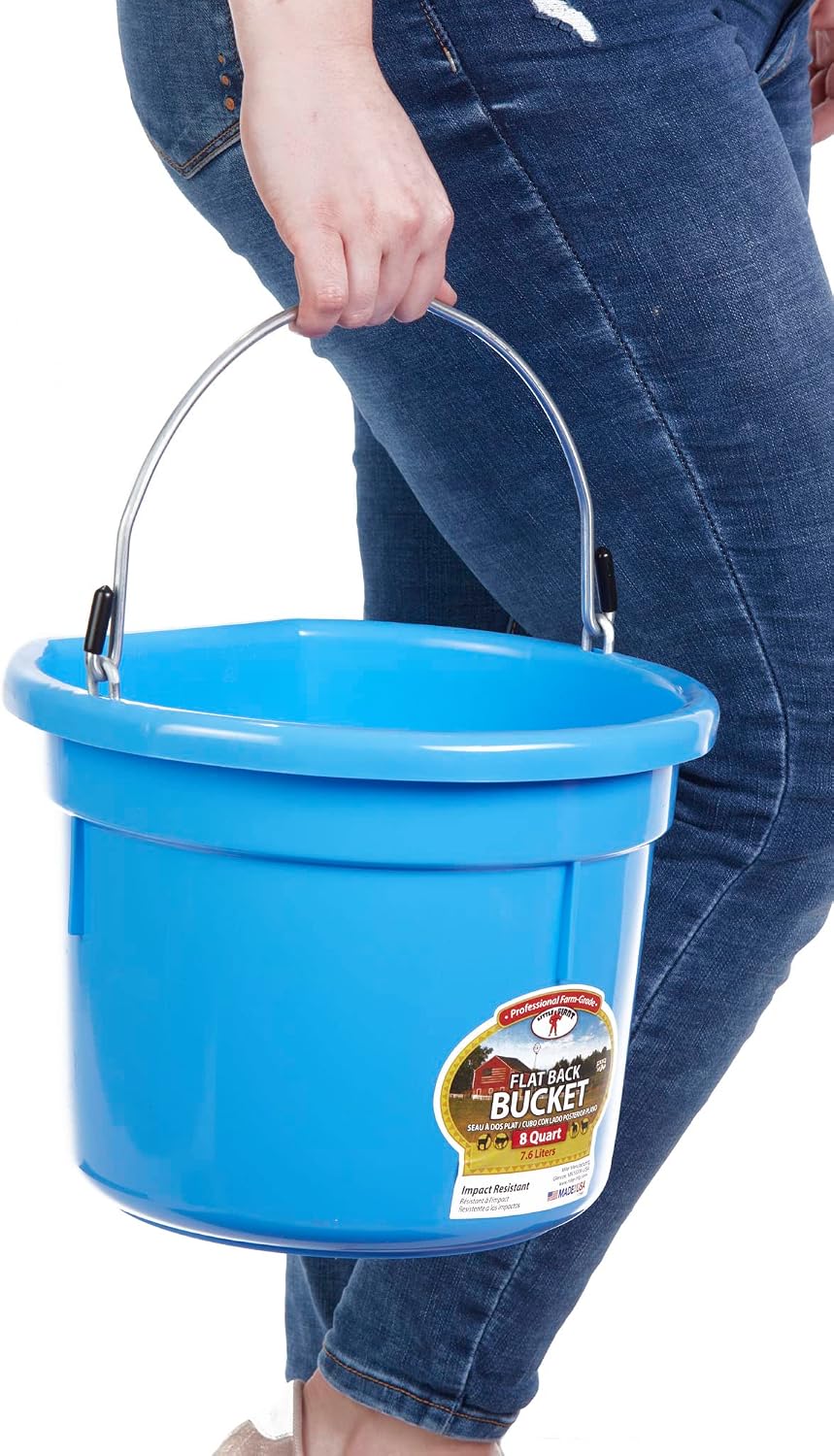 Flat Back Plastic Animal Feed Bucket | Animal Feed Bucket with Metal Handle | Horse Stall Feeding and Watering