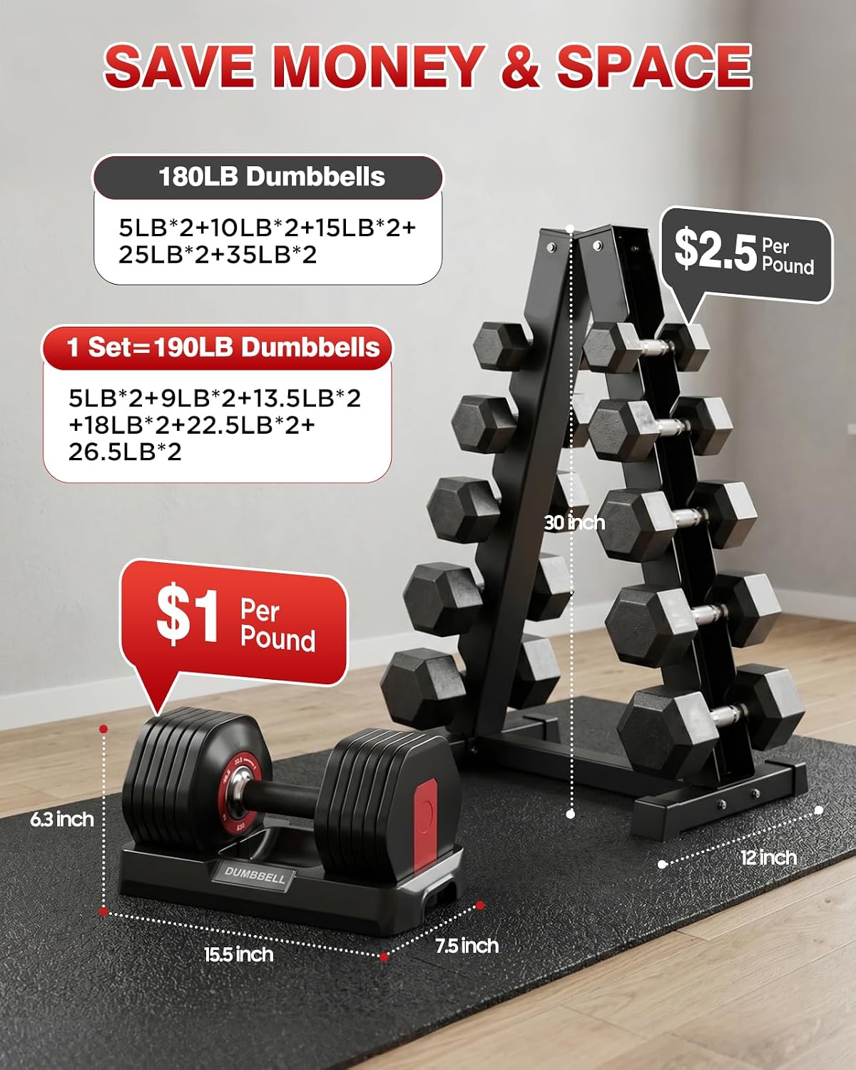 Adjustable Dumbbell Set, All in One Weights Dumbbell with Non-Slip Handle, 1 Hand Quick Adjust weight set for Home Gym