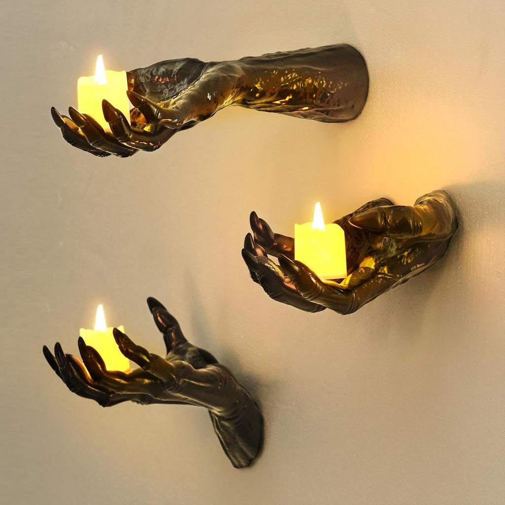 Halloween Decorations Indoor Gothic Decor: Pack of 3 Wall Mounted Hands | Creepy Reaching Hands with Lighted Candles