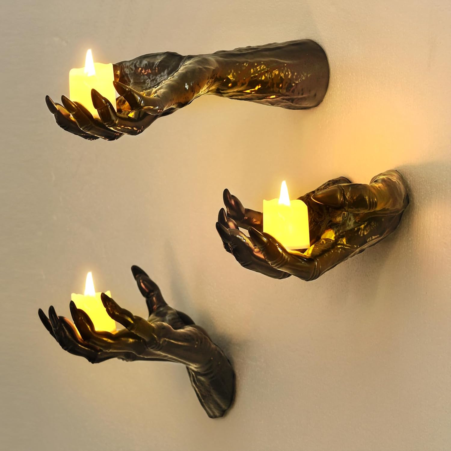 Halloween Decorations Indoor Gothic Decor: Pack of 3 Wall Mounted Hands | Creepy Reaching Hands with Lighted Candles