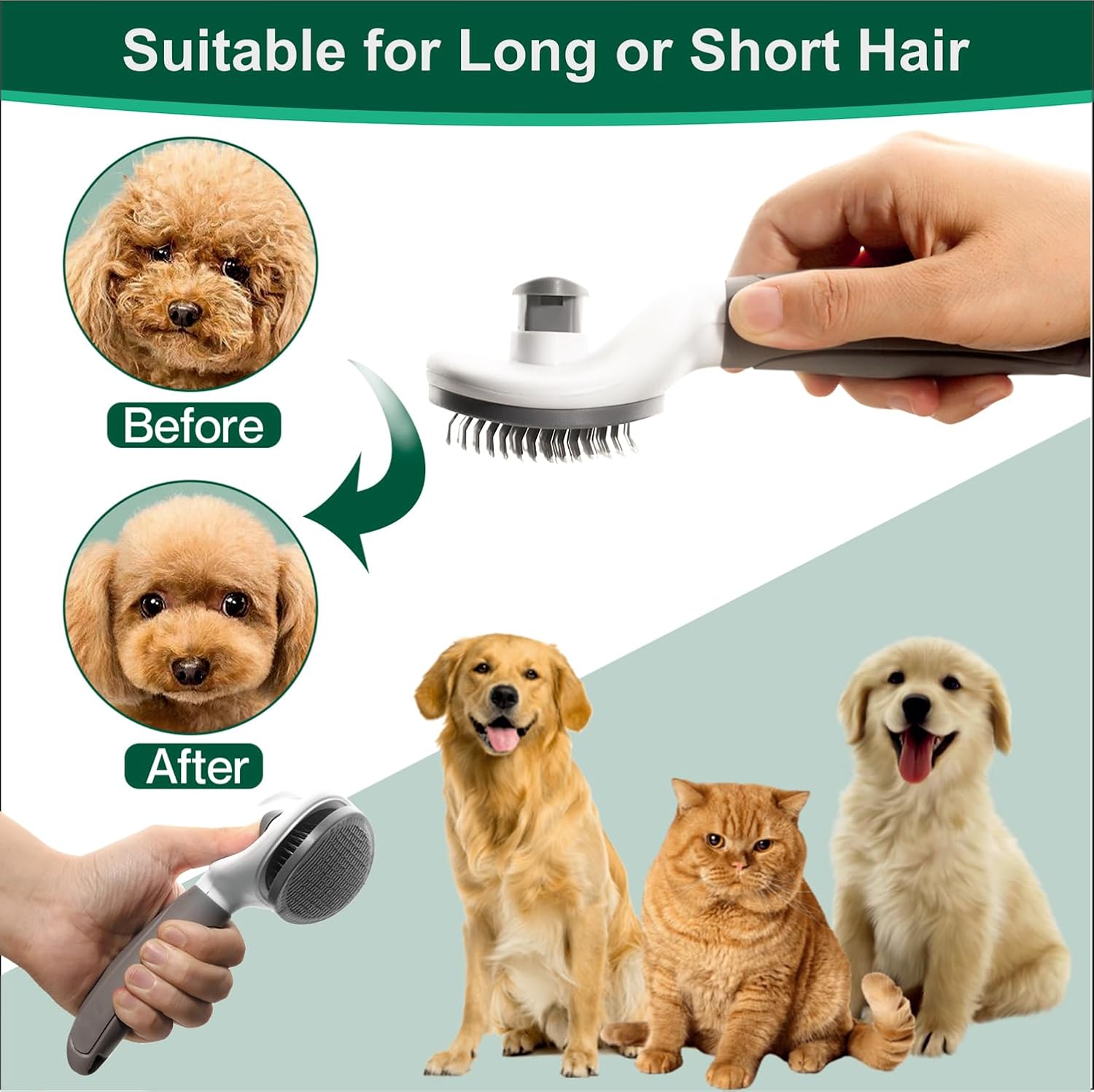 Self Cleaning Slicker Brush with release button for cat, dog, small and large pets, shedding and grooming, massaging