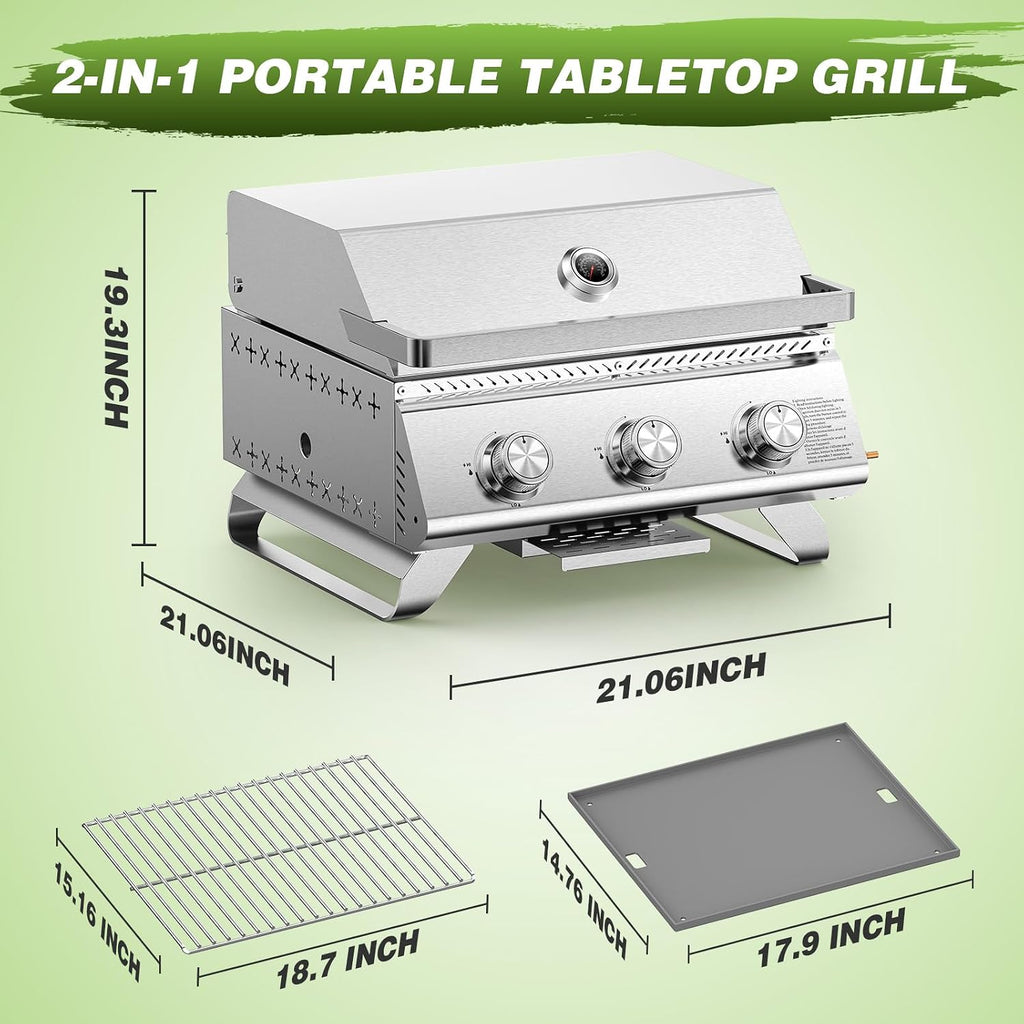Portable 3-Burner Table Top Gas Grill with Griddle, Stainless Steel BBQ Propane Grill, Flat Top Grill with Lid for