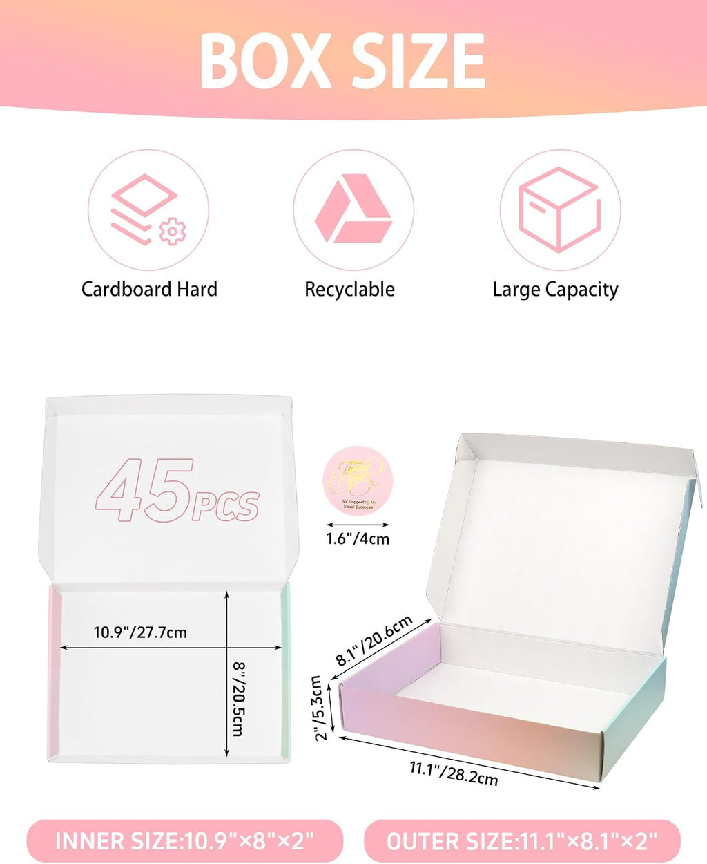 Small Colored Shipping Boxes, 11x8x2 Inch Cute Packaging Box for Gift, Pack of 45