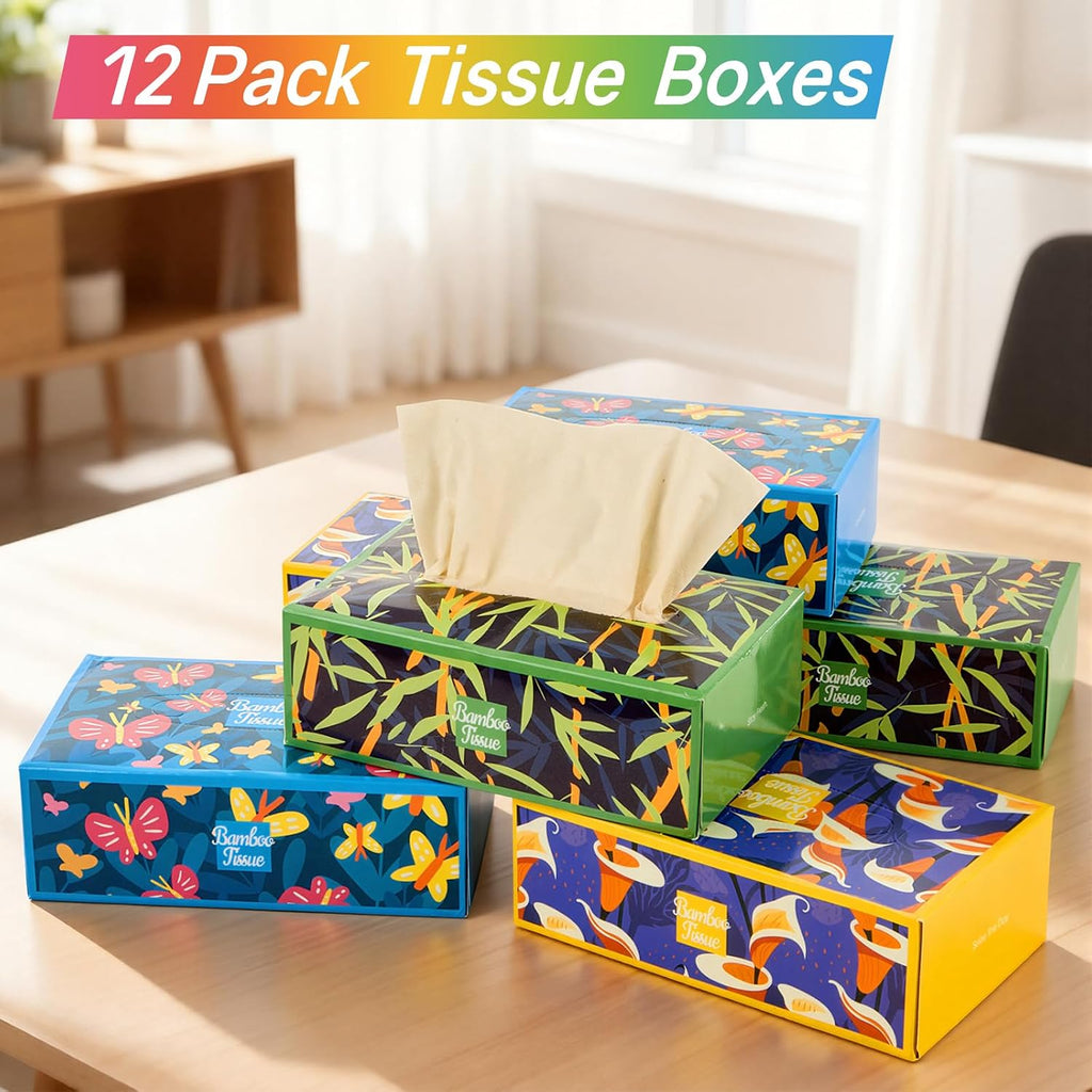 12 Boxes Bamboo Facial Tissues Box Paper, Soft Cube Facial Tissue