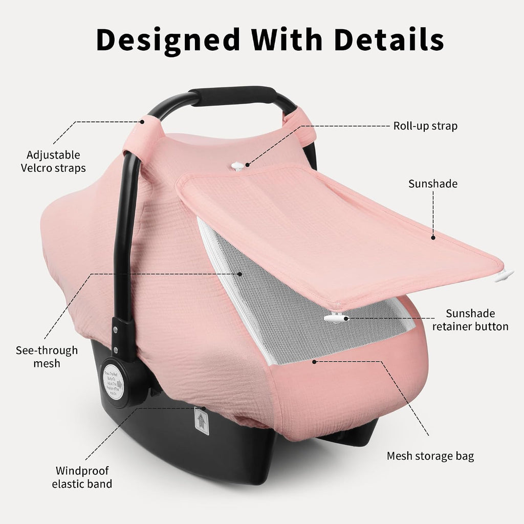 Car Seat Cover Baby, Carseat Covers Girl Boy, Breathable Muslin Cotton, Large Mesh Window, Infant Car Seat Canopy