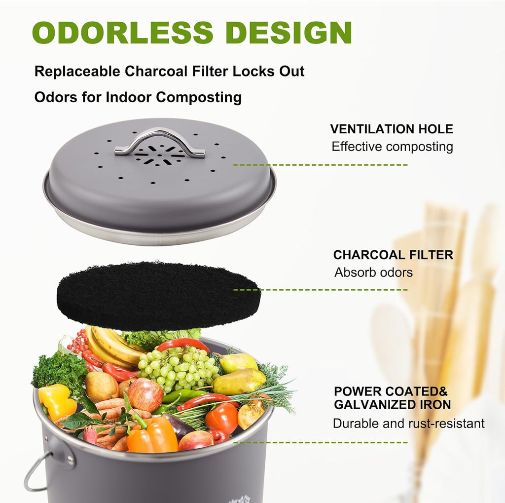 Kitchen Countertop Compost Bin, Odor Resistant Indoor Compost Bin with Lid and Charcoal Filter, Rust Resistant Coated