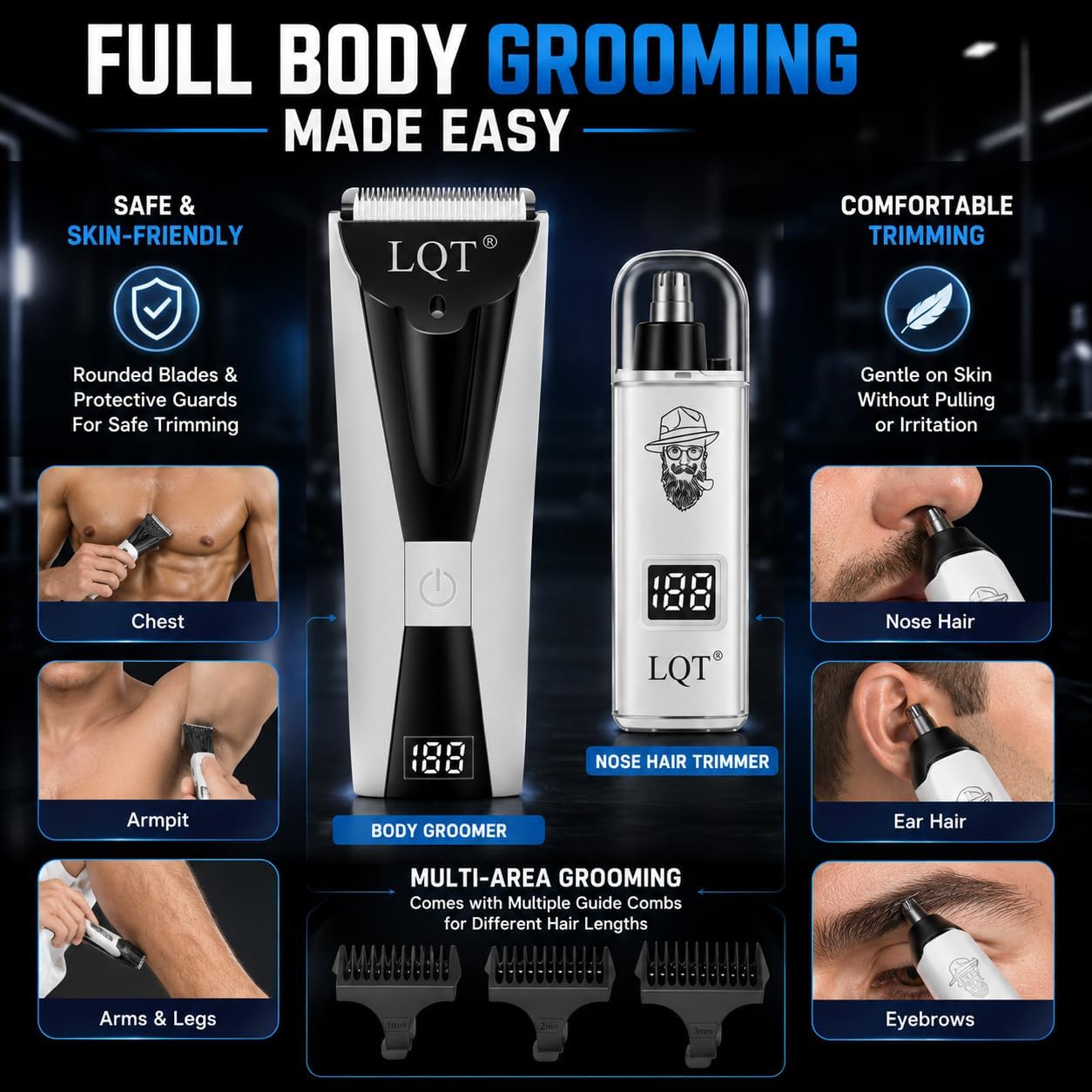 5-in-1 Hair Clippers for Men & Body Groomers White LED Display Cordless Clippers Set Beard Trimmer for Men Foil