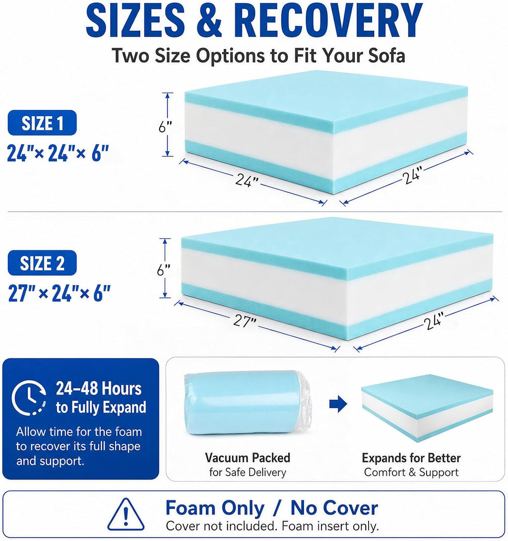 Couch Cushion Replacement, 27 x 24 x 6 in, 3-Layer High-Density Memory Foam Insert for Sofa, Chair and Bench