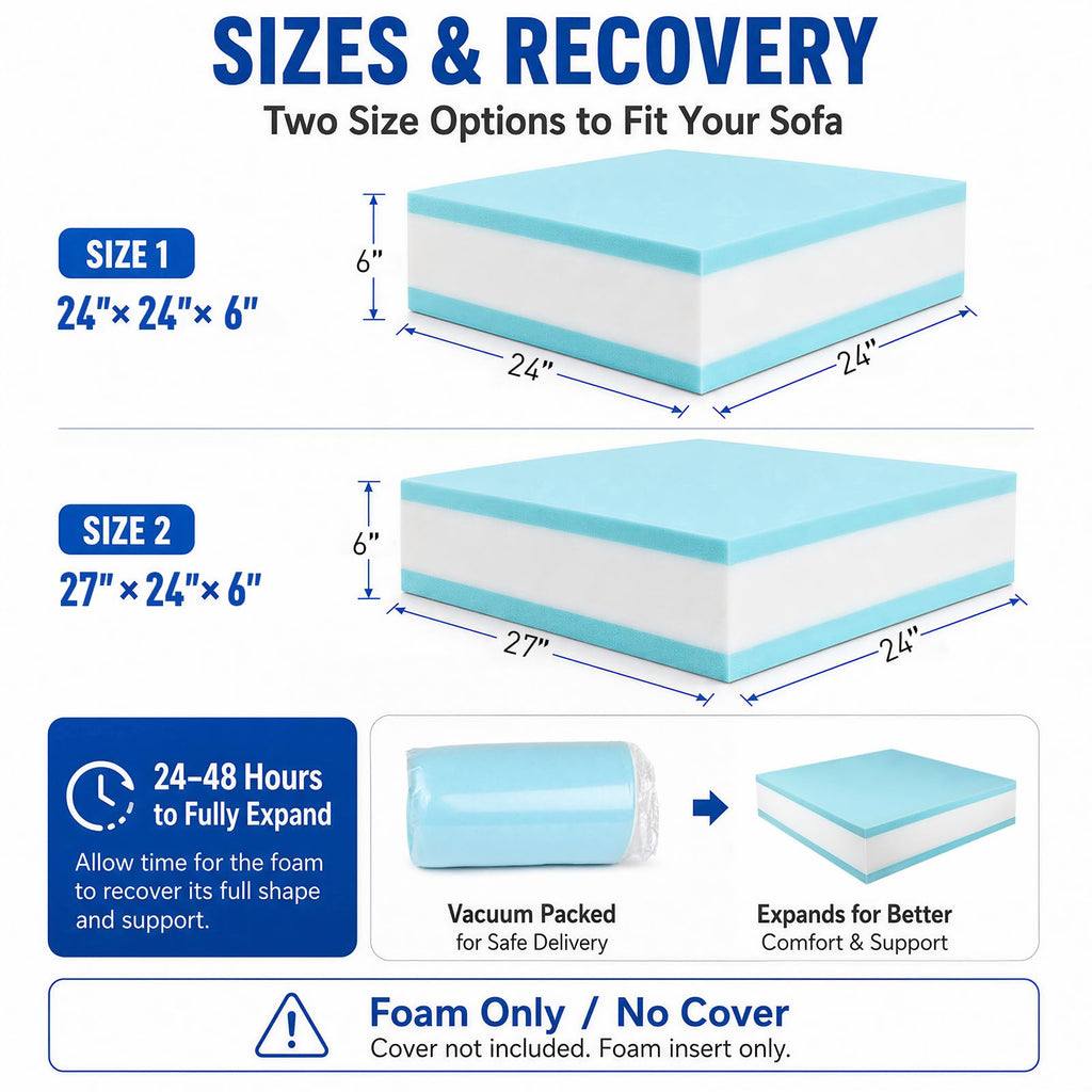 Couch Cushion Replacement, 24 x 24 x 6 in, 3-Layer High-Density Memory Foam Insert for Sofa, Chair and Bench
