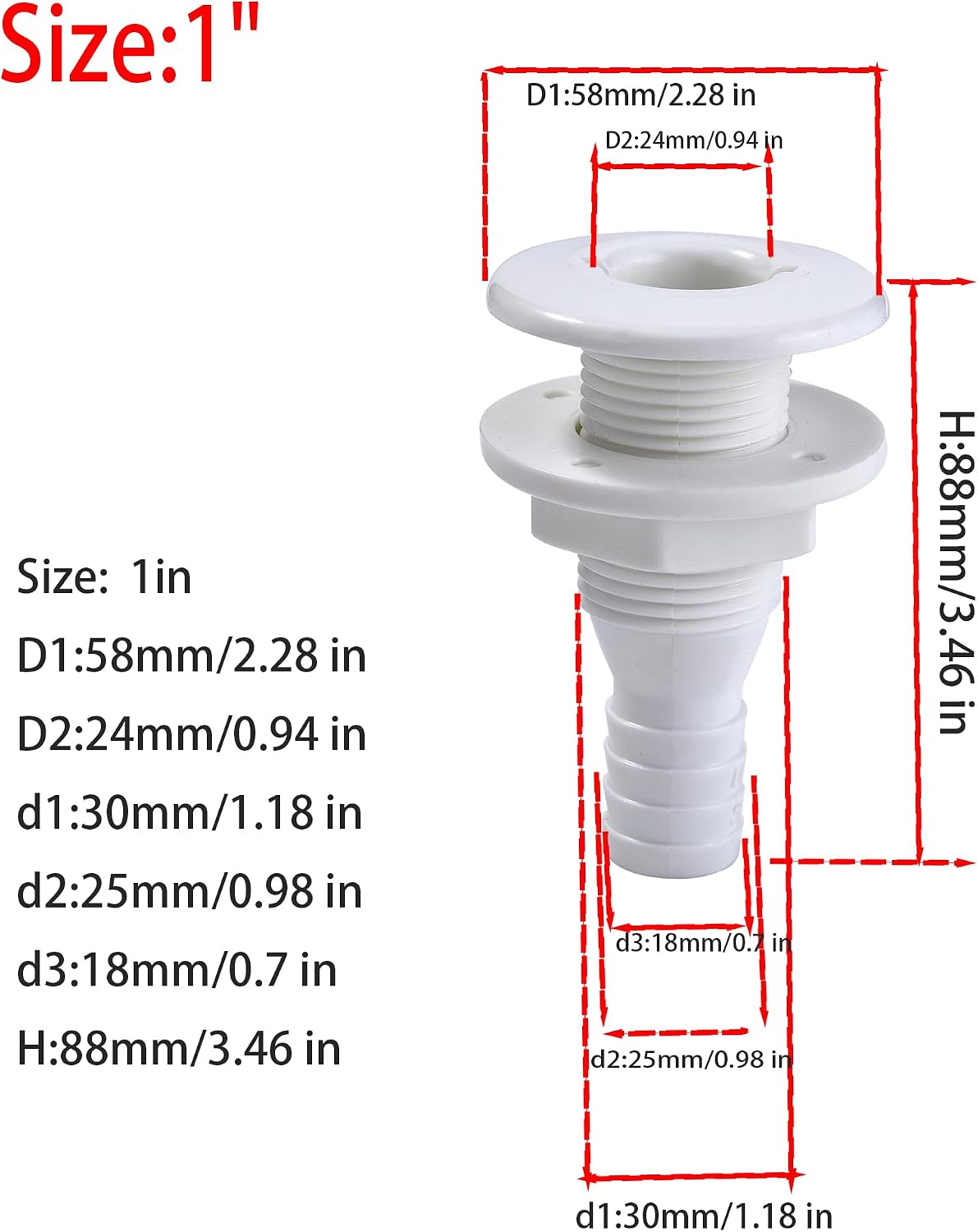 2Pcs Thru Hull Fitting(1"), Marine Through Hull Connector Fitting for Boats, White
