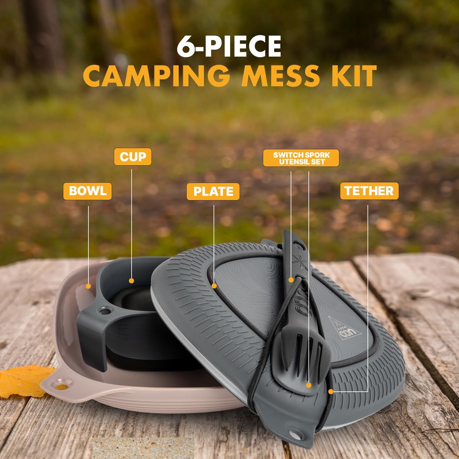 Camping Mess Kit with Bowl, Plate, Collapsible Cup, and Switch Camping Spork