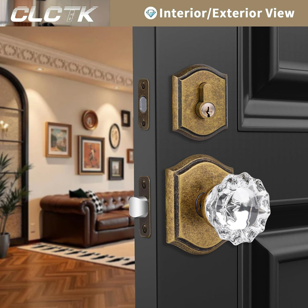 Crystal Glass Passage Door Knob and Single Cylinder Deadbolt Combo Set, Antique Brass Finish, Keyed Alike