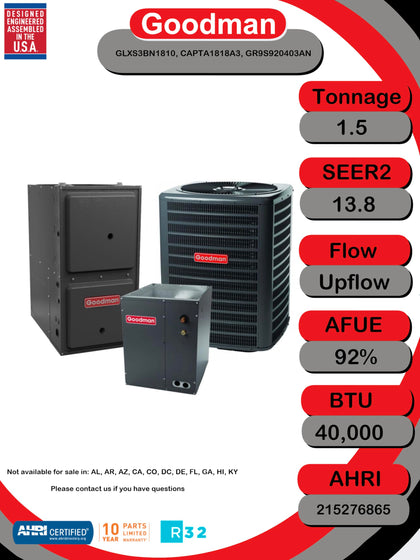 1.5 Ton 13.8 SEER2 92% AFUE 40,000 BTU Low NOx R-32 Air Conditioner & Gas Furnace System (GLXS3BN1810, CAPTA1818A3
