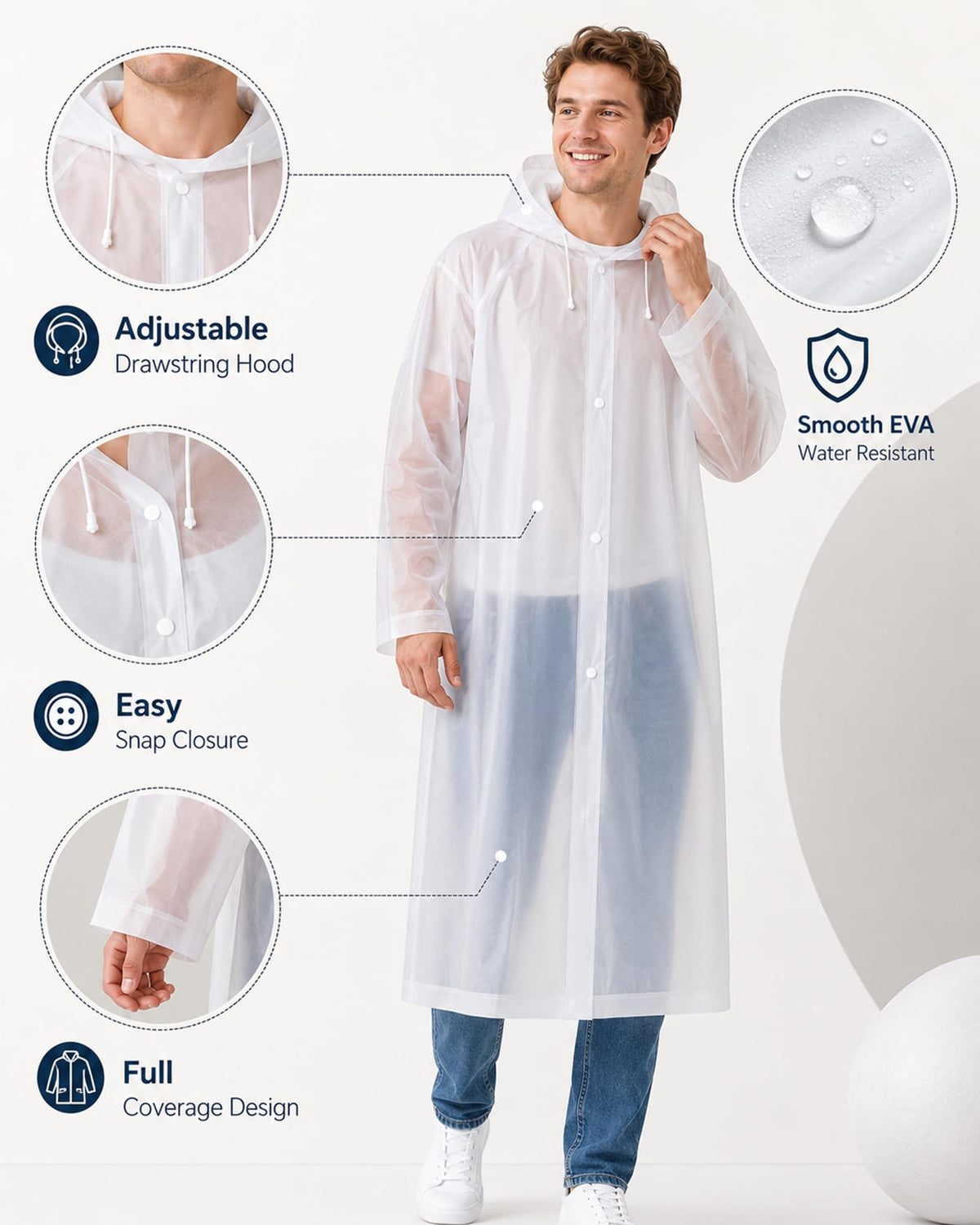 Rain Ponchos for Adults-4 Pack Reusable EVA Waterproof Rain Jackets, White
