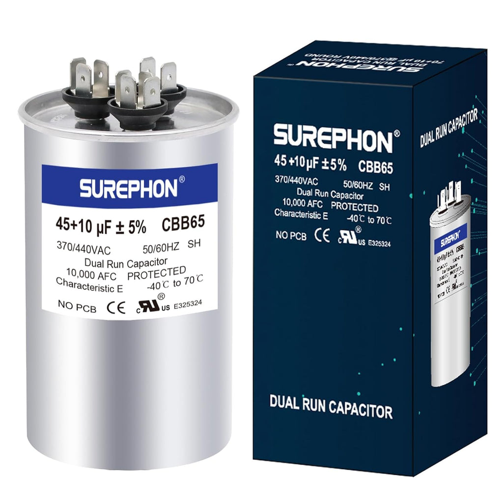 45+10 uF 45/10 MFD ±5% 370V/440VAC Dual Run Start Capacitor CBB65 Works for AC Unit Fan Motor Start or Heat Pump or Condenser Straight Cool