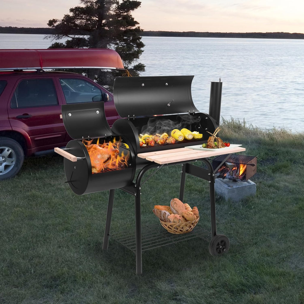 44in Large Barrel Charcoal Grills with Offset Smoker,Outdoor BBQ Grill,Vertical Picnic Barbecue Grills,Portable