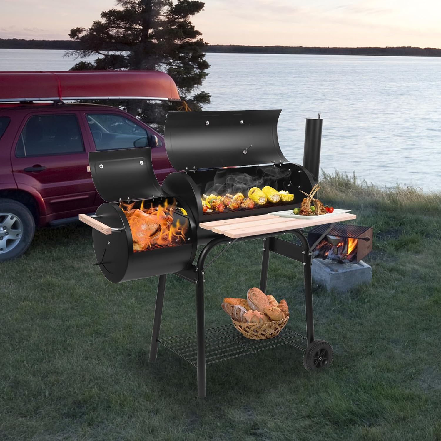 44in Large Barrel Charcoal Grills with Offset Smoker,Outdoor BBQ Grill,Vertical Picnic Barbecue Grills,Portable