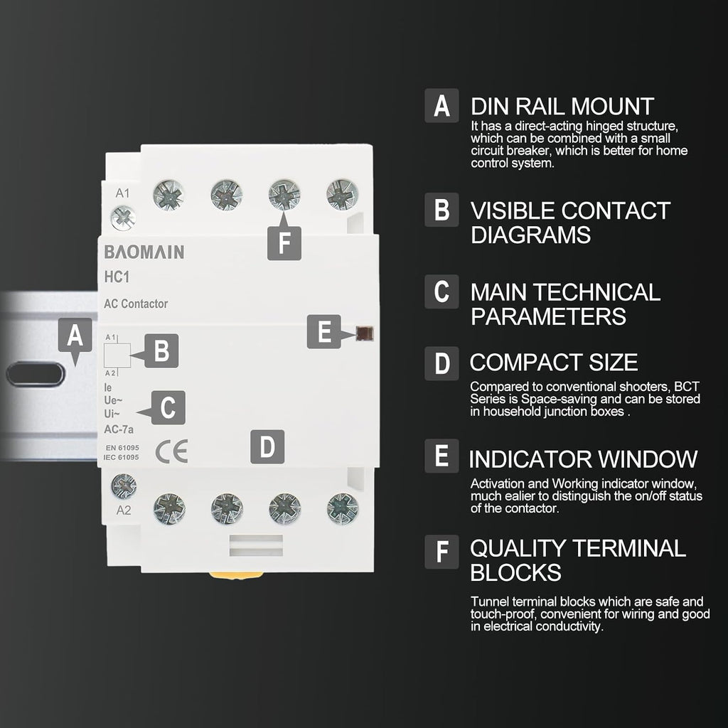 BAOMAIN 50A 4 Pole AC Contactor 110V 4NO DIN Rail for HVAC EV Smart Home