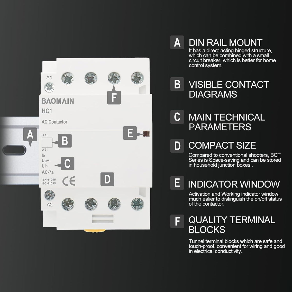 BAOMAIN 50A 4 Pole AC Contactor 110V 4NO DIN Rail for HVAC EV Smart Home