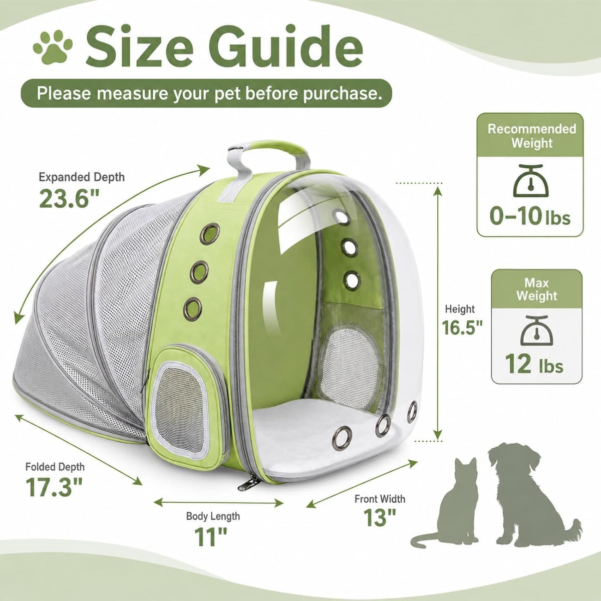Expandable Cat Carrier Backpack with Bubble Window and Mesh, Light Green
