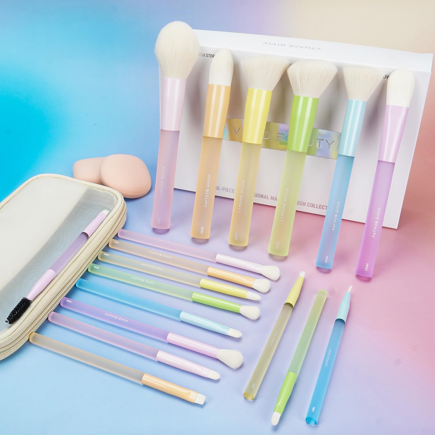 Makeup Brush Set, 18 Pcs Makeup Brushes with 2 Sponges & Travel Bag, Colorful Make up Brushes for Foundation Powder