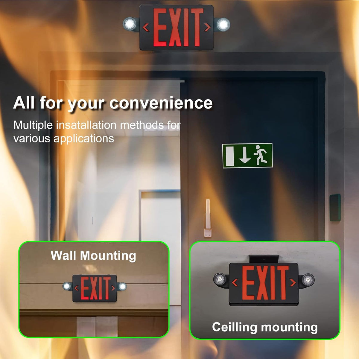 Black Housing Exit Sign with Emergency Lights Red, LED Emergency Exit Light with Battery Backup, UL 924 Certified, AC