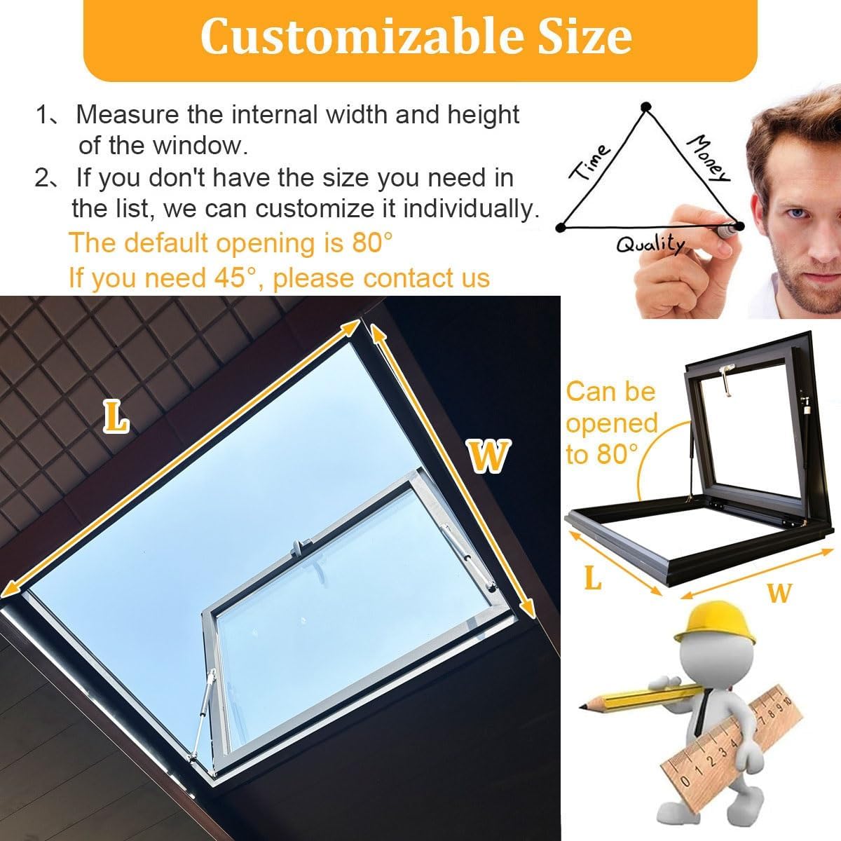 Skylight Roof Window, Sloped Flat Roof Lighting Well for Indoor Attic, Manual Venting Double-Layer Tempered Glass