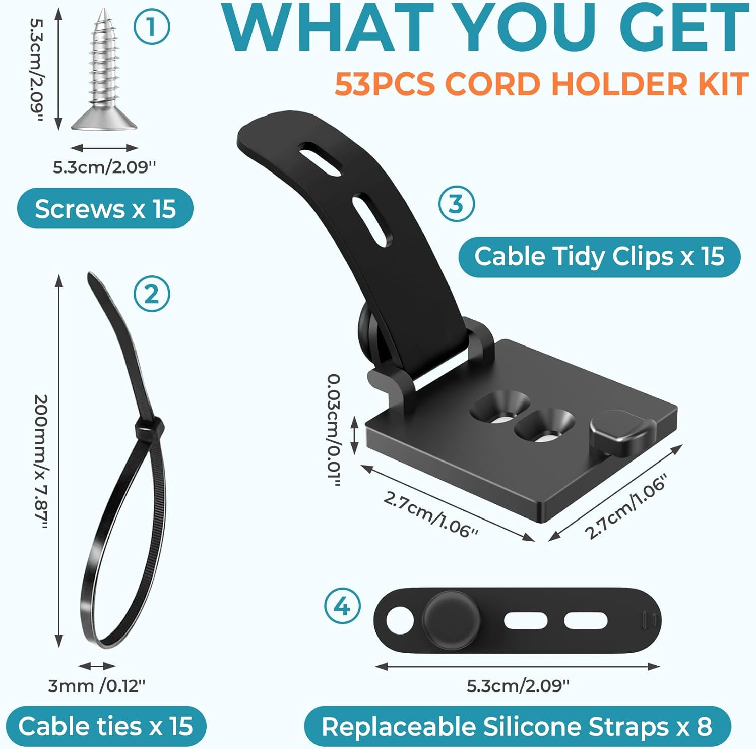 Cable Clips Management Kit, 15 Cable Holder With Silicone Cord Ties, 15 Nylon Zip Tie, Extra 15 Screws & 8 Adjustable