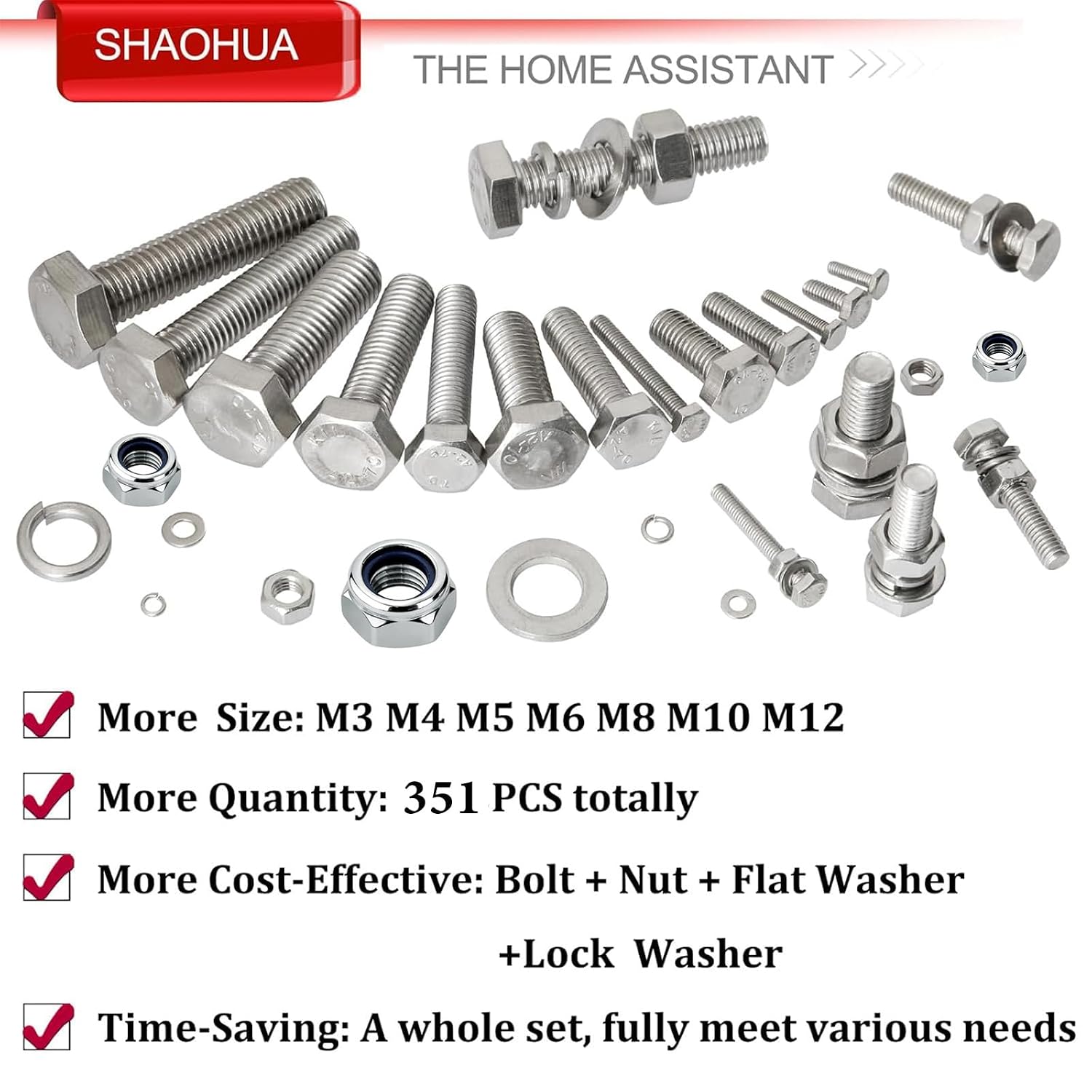 M3/M4/M5/M6/M8/M10/M12 Metric Bolt Assortment Kit, 304 Stainless Steel Heavy Duty Flat Hex Head Screws Bolts and Nuts