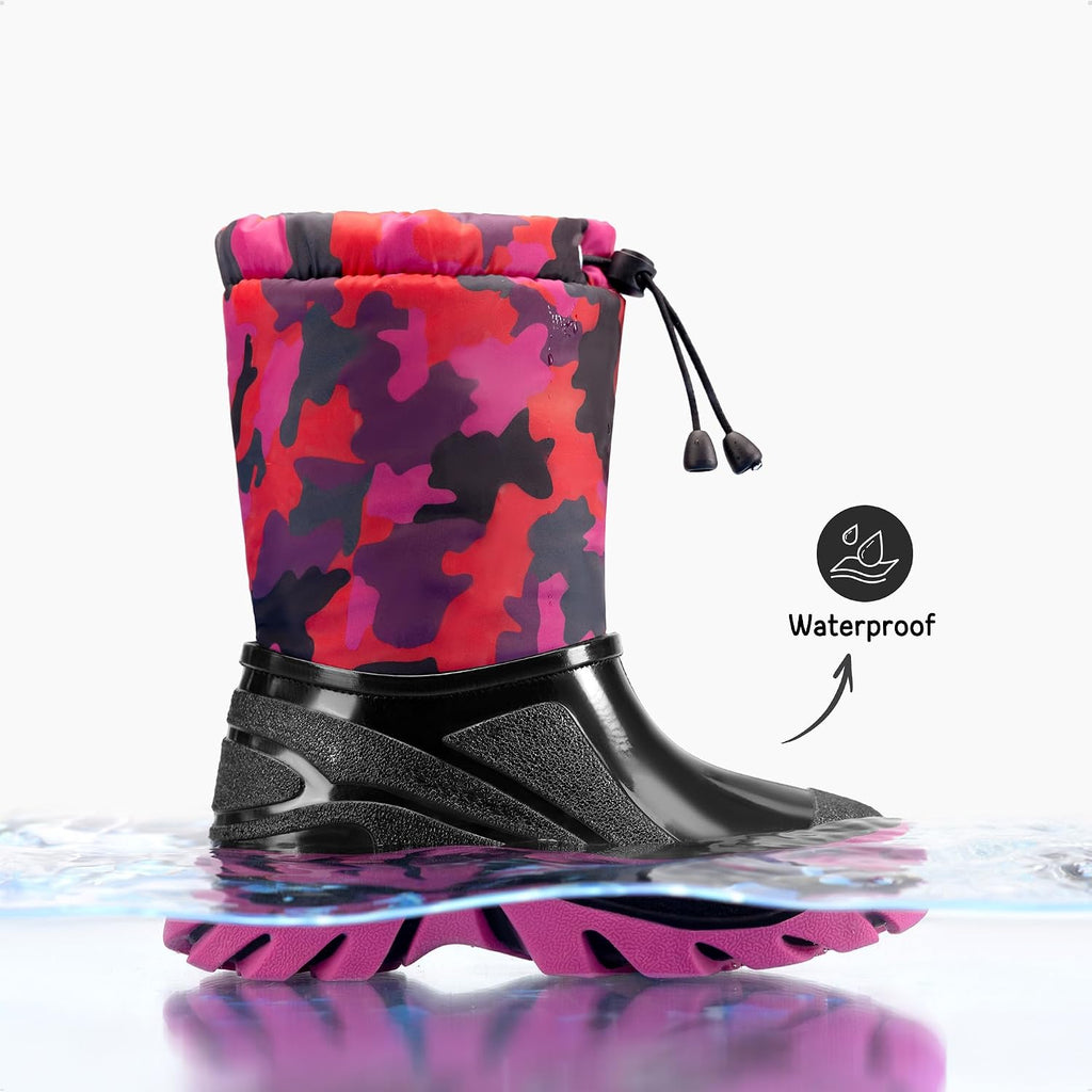 Boys Snow Waterproof Winter Boots | Warm Faux Fur Lined Outdoor Secure Grip Anti Slip Outsole Easy Wear Windproof Mid